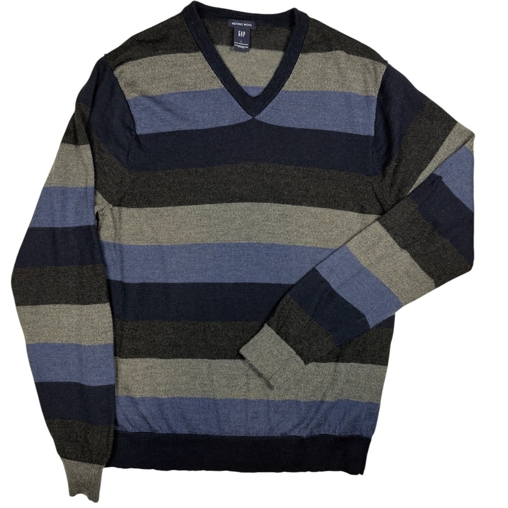 Gap Mens Merino Wool V-Neck Sweater Large Blue Gray Striped Knit Pullover